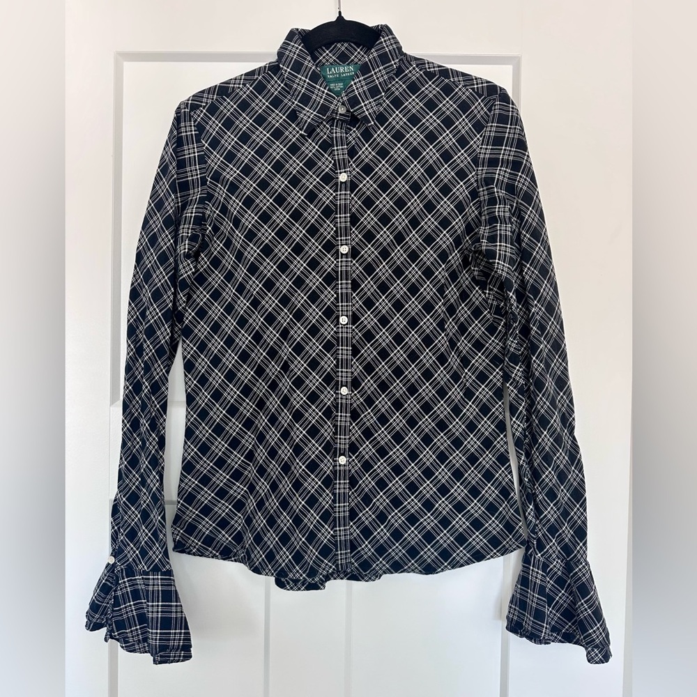 Lauren Ralph Lauren Black and White Plaid Button Down Shirt w/ Bell Sleeves